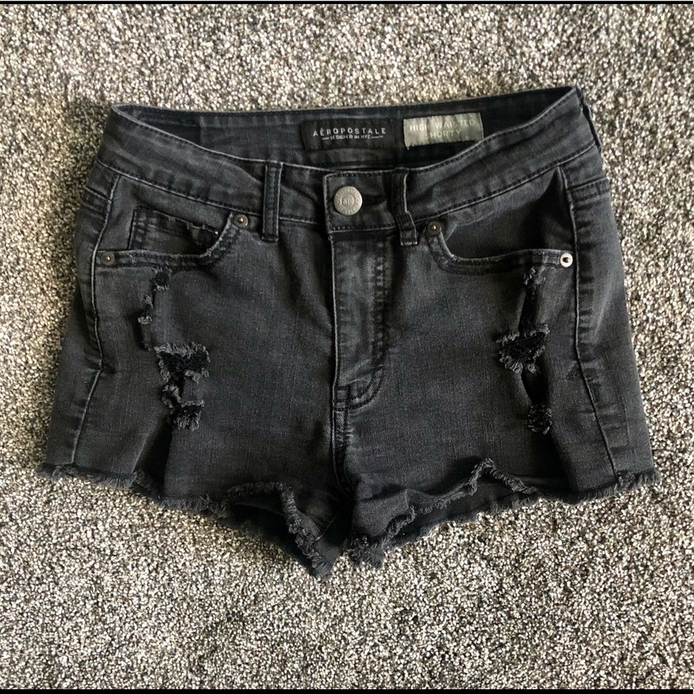 Aeropostale High Rise Shorty Distressed Cut Off Denim Shorts Black
